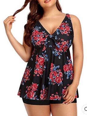 Plus Size Push Up Tankini Top Boy Shorts Tankini Set-Black And Red Floral